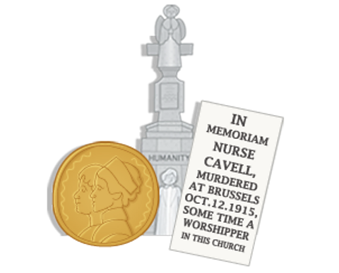 A coin, statue and leaflet all remembering Edith Cavell. 