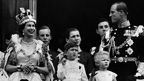 Queen Elizabeth II on the balcony of Buckingham Palace after her Coronation ceremony.
