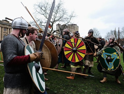 Viking re-enactors battle in York.