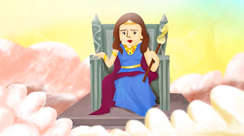 Viking goddess sitting on a throne in the clouds.