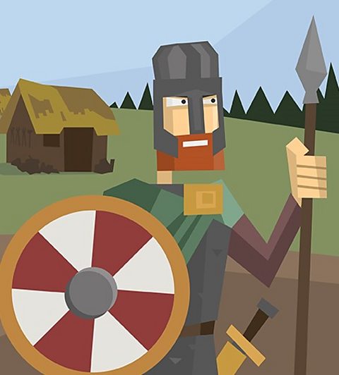 A cartoon of an Anglo-Saxon soldier with a shield, sword and spear.