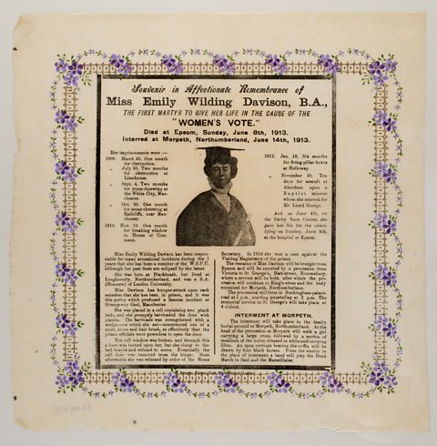 Souvenir paper table napkin remembering the life and death of Emily Wilding Davison.