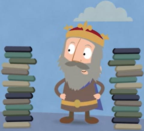 Alfred the Great stands with his hands on his hips and looks at a pile of books.