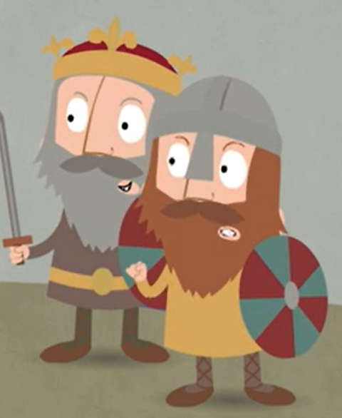 Cartoon of Alfred the Great and an Anglo-Saxon soldier