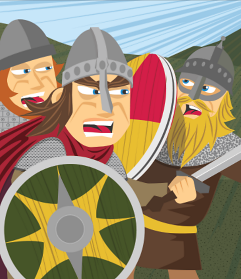 Normans and Anglo-Saxon armies fighting with swords and shields.