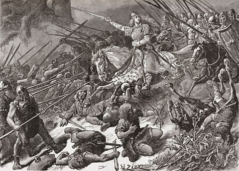 An illustration of Aethelflaed in battle. 