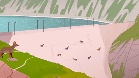 Cartoon of a dam in the Alps.