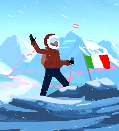 Person on the Alps which has two country flags on it. 