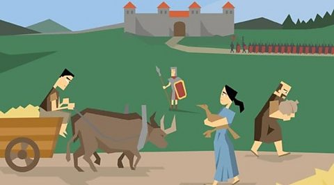 Cartoon of a Roman scene, including someone on a cart, a soldier and someone carrying an animal.