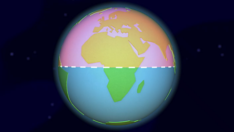 A globe showing the two hemispheres, north and south. 