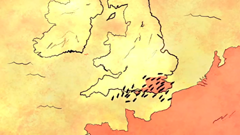 A map showing Romans invading southern Britain.