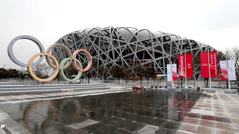 The Olympic Rings outside the Beijing National Stadium in China.