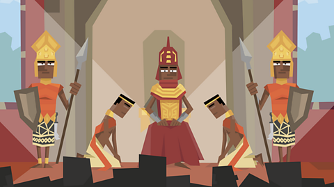 Cartoon of a ruler of Benin surrounded by guards. 