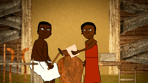 A cartoon of a craftworker at work in Benin. 