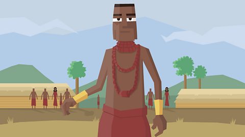 Cartoon of a person in a Benin village.