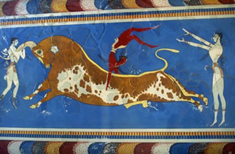 Artwork of a bull on a wall in Knossos Palace, Greece. 