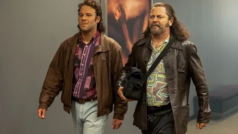 Kelsey McNeal/Hulu A third perspective the show offers is that of electrician Rand Gauthier (played by Seth Rogen, pictured left), who leaked the sex tape (Credit: Kelsey McNeal/Hulu)