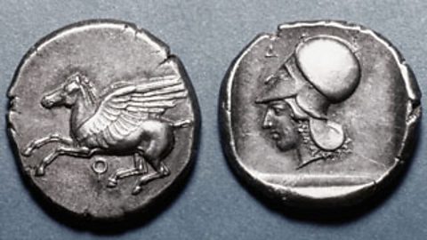 A Greek coin showing Pegasus and the goddess Athena. 