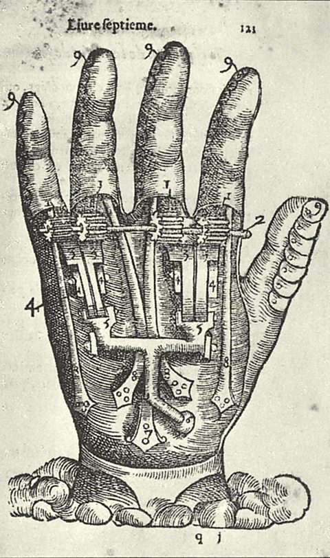 An illustration of an artificial hand showing the mechanisms that allow it to move, such as cogs beneath each finger