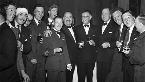 A photograph of guests who attended a dinner party to celebrate the Guinea Pig Club