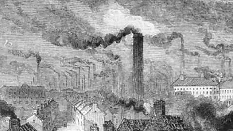 A drawing of industrial Manchester showing rows of terreced houses, tall chimneys and smoke filled air