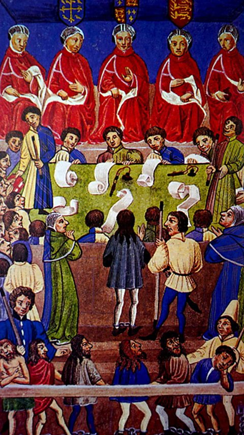 An illustration showing the court of Kings' Bench. At the top of the image, five people are wearing red while others observe or write on scrolls