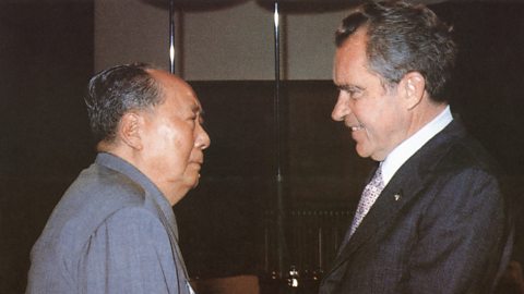 A photograph of President Richard Nixon and Mao Zedong shaking hands