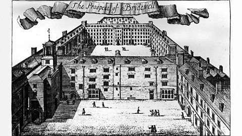 'An illustration of Bridewell Prison showing buildings surrounding two yards