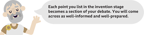 A picture of Aristotle with a speech bubble saying 'Each point you list in the invention stage becomes a section of your debate. You will come across as well-informed and well-prepared'.