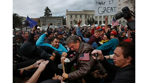 Leah Millis A fight at a pro-President Donald Trump rally and march at the Martin Luther King Jr Civic Center park, 4 March, 2017 in Berkeley, California (Credit: Leah Millis)