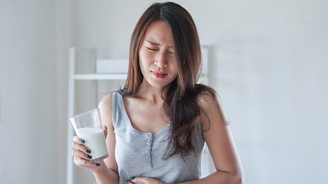 A woman clutches her stomach and looks in discomfort having drunk milk 