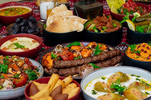 A selection of Islamic foods served at Iftar during Ramadan after fasting. 