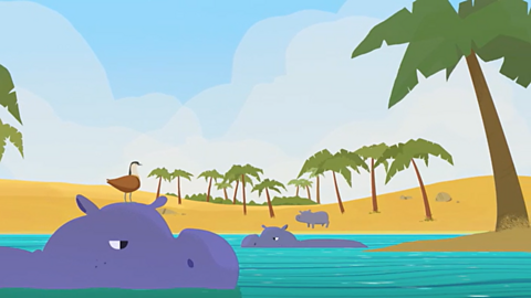 Cartoon of hippos in a lake surrounded by sand and palm trees.