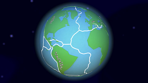 A cartoon globe with mountains and the outlines of tectonic plates on it.