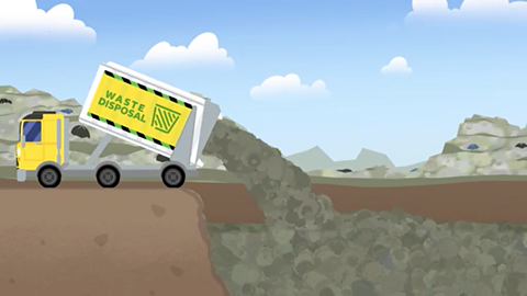 A cartoon waste disposal truck dumps lots of rubbish in a big hole.