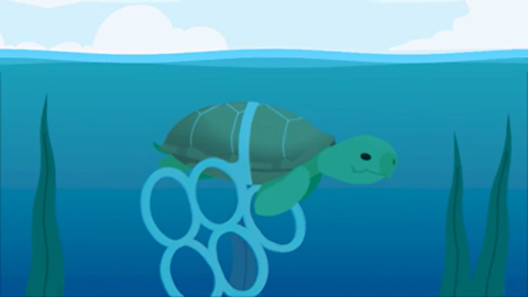 A cartoon turtle in the sea with a plastic ring caught around its body.