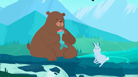 Cartoon bear and rabbit sitting by some mountains.