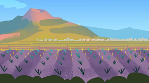 A cartoon volcano behind a field of crops.