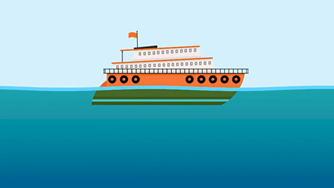 A cartoon boat in the ocean.