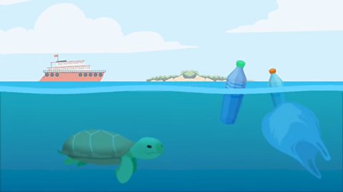 A cartoon of a turtle, boat and some rubbish in the ocean.