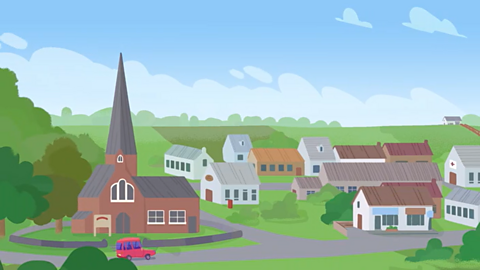 A cartoon settlement with houses and a church.