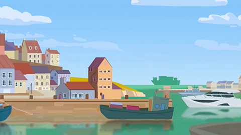 A cartoon port with houses and boats.