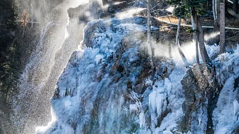 Xander Bianchi/Ouray Ice Park, Inc. The park tries to mimic natural climbable ice forms, like a frozen waterfall or water seeping out of the rock (Credit: Xander Bianchi/Ouray Ice Park, Inc.)