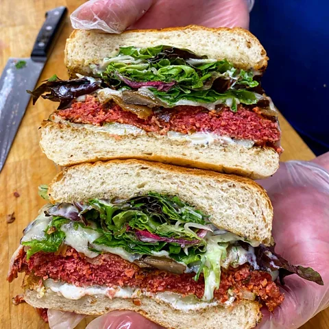 Jeremy Umansky Plant-forward takes on Jewish food – like this vegan burger from the Cleveland, Ohio deli Larder – may seem like a modern trend, but go back centuries (Credit: Jeremy Umansky)