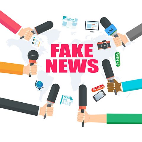 An image with the words 'Fake News' surrounded by people's arms holding microphones and other images relating to communication