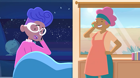 Cartoon of Sue Venir in bed at night next to a cartoon of auntie in the daytime. 