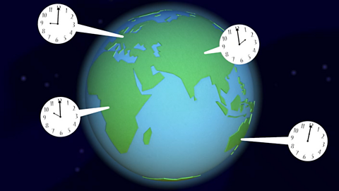 A cartoon globe with clocks showing different times on it.