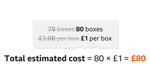 Numbers changed. Seventy-eight box is now eighty boxes. One pound and eight pence per box is now one pound per box. Below: Total estimated cost equals eighty multiplied by one-pound equals eighty pounds. 