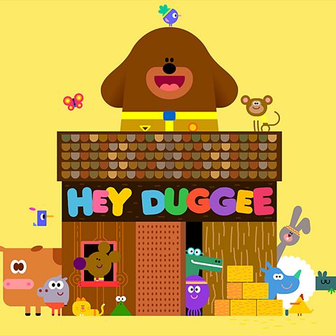 All the Hey Duggee characters around the clubhouse. Duggee's head pokes out on top.