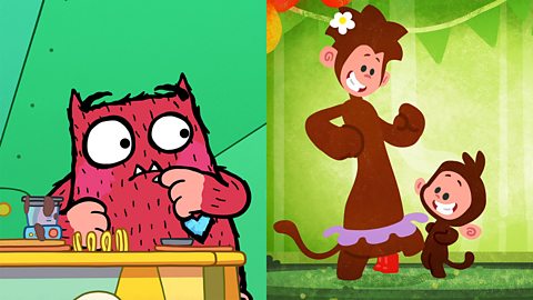 An image split in two: Love Monster is on the left and Tee and Mo on the right